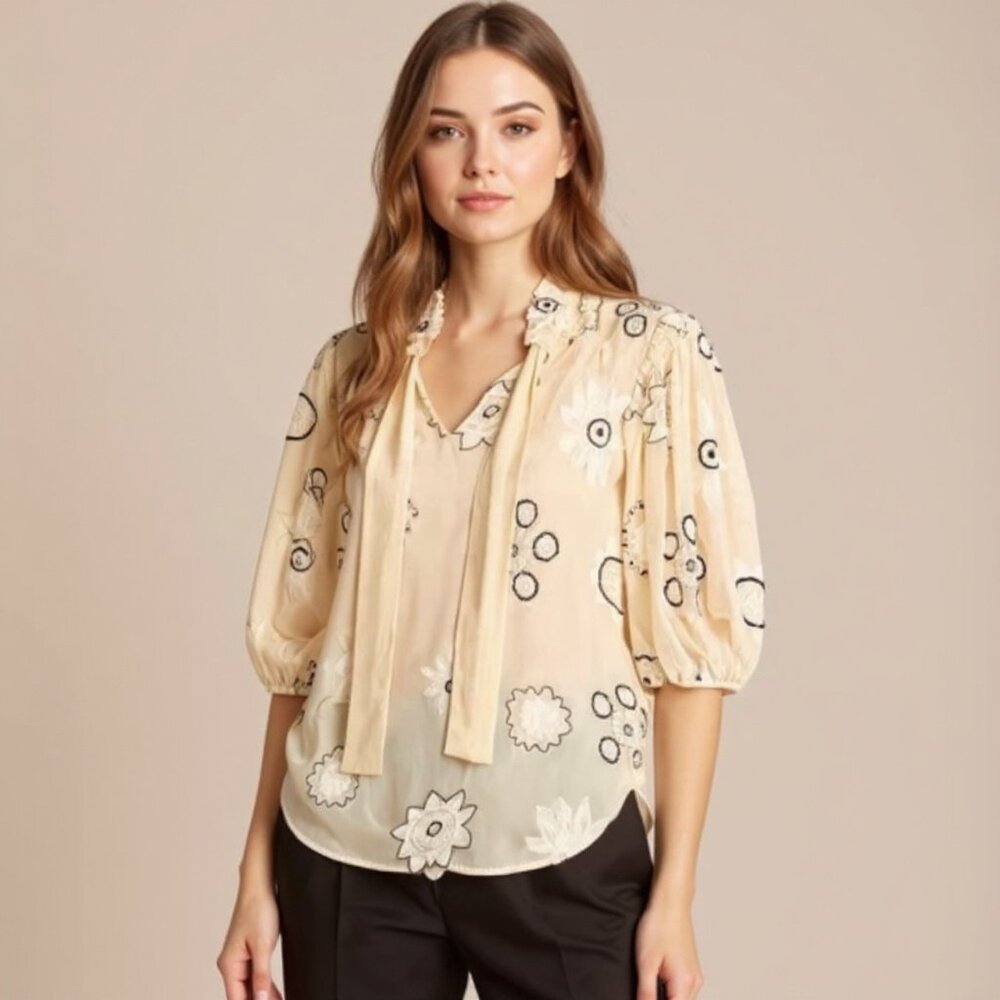Rebecca Taylor Parasol Embroidered Floral Flowy Silk Top Size Large